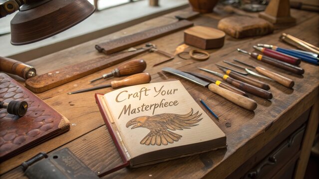 Open Book Displaying Eagle and Craft Your Masterpiece Text - Powered by Adobe
