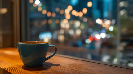 Teal mug of coffee sitting on a wooden sill by a window with blurred city lights and bokeh in the background.
