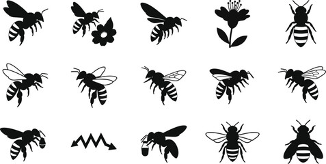 Naklejka premium Collection of black and white bee illustrations in various poses and flying