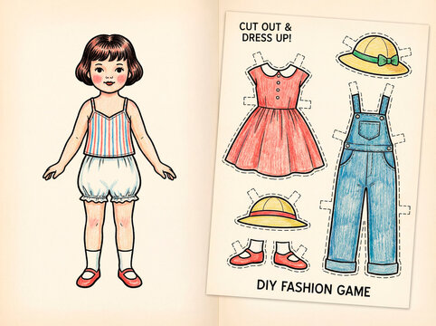 Paper doll wearing underwear with separate clothing templates for kids to color and cut out. Cute DIY dress-up activity on a clean white background, playful and creative craft design for children.