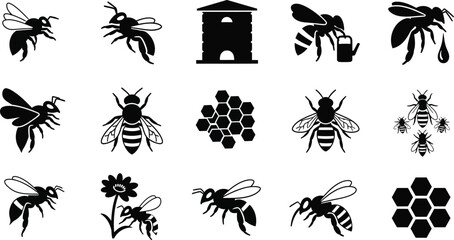 Collection of black and white bee icons and symbols