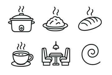 Cozy Culinary Icons. Nourishing Food Comforts linear set: slow-cooked pot, hearty portion icon, warm bread loaf, soothing broth cup, cozy dining nook, comfort vibe swirl.