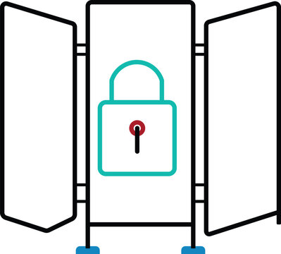 Modern minimalist graphic illustration depicting a stylized teal padlock with a red keyhole positioned centrally between two outward opening gate panels indicating security and protected access