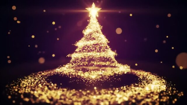 Glowing Golden Christmas Tree Made of Particles on Dark Background, Festive Holiday Celebration with Shimmering Lights and Abstract Circular Base