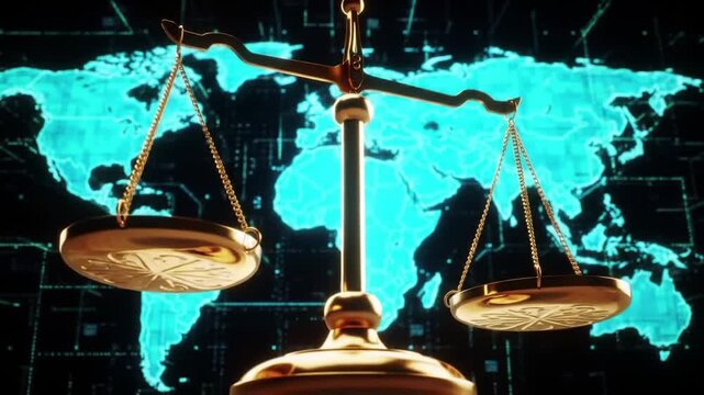 Golden Balance Scales Against A Digital World Map On Black Background Under Soft Lighting Justice Concept For Adobe Stock Photo