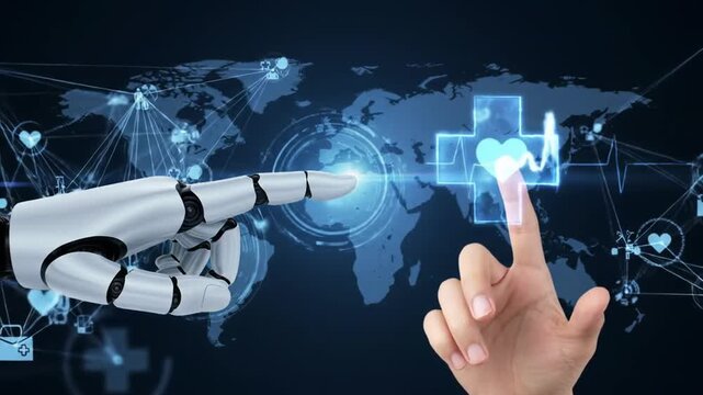Hands Interact with Futuristic Healthcare Interface and World Map Background Featuring Data Connections, Medical Icons, and Robot Hand in Deep Blue