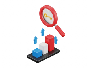 Seo ranking growth concept with magnifying glass finding key, isolated on white isolated on transparent background