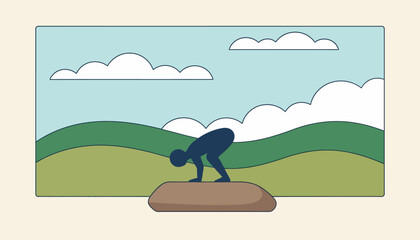 Fototapeta premium A yogi in a crow pose on a flat rock surrounded by distant hills and the expansive sky filled with fluffy clouds.