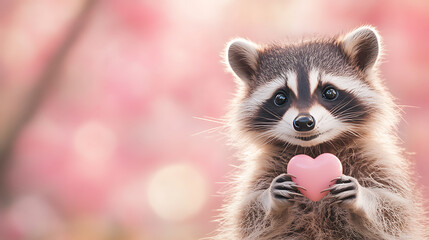 Raccoon holding a pink heart symbol, representing love, romance, Valentine's Day, affection, and cute animal companionship, with a soft pink bokeh background