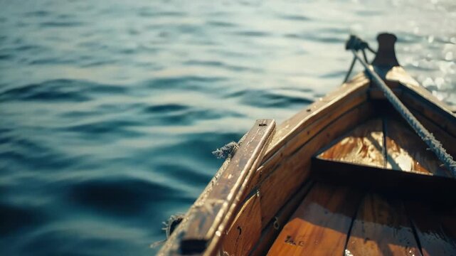 A boat is floating on the water. The boat is wooden and has a rope tied to it