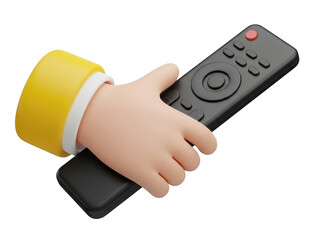 3d cartoon hand holding a black remote control isolated on transparent background