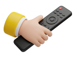 3d cartoon hand holding a black remote control isolated on transparent background