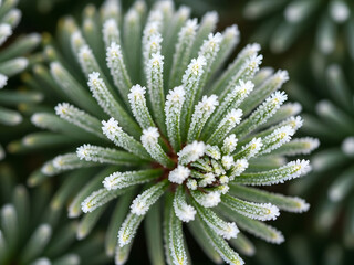Frozen pine needle cluster close up winter season detail