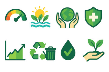 Eco-Friendly Dashboard Icons. Green Insight Panel Set flat set: climate impact dial, clean resource index, responsible sourcing bar, environmental health badge, energy-use timeline