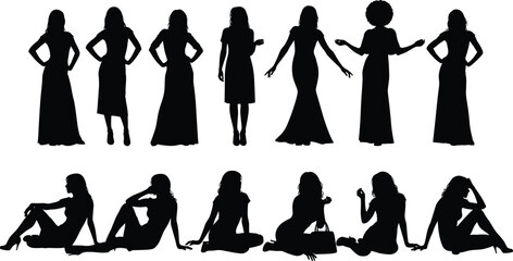 Elegant woman silhouette collection, standing and sitting female poses, fashion figure artwork, stylish black vector design set for beauty, modeling illustrations