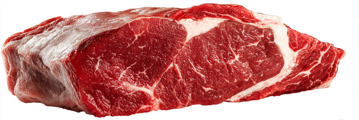 Obraz premium Thick cut raw beef steak with white fat marbling, isolated on a white background.