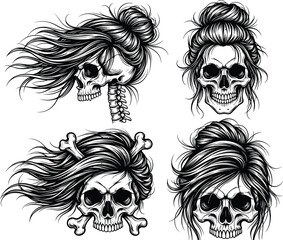 Female skull illustration, gothic tattoo design, spooky skeleton art, messy hair skulls, horror aesthetic graphic, dark detailed line drawing collection set