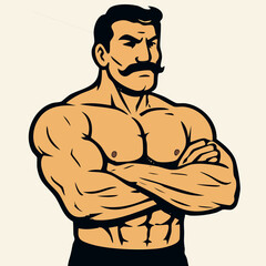 Fototapeta premium Vector cartoon illustration of a retro-style circus strongman or bodybuilder with a mustache crossing his arms and flexing his muscles. Vintage fitness and power concept.