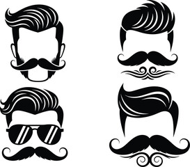 Fototapeta premium Hipster hairstyle and mustache icons, vintage male grooming silhouettes, barber shop vector designs, stylish beard artwork collection, modern gentleman graphic set