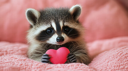 Baby raccoon holding a pink heart on a soft bed, representing innocence, affection, and childhood love for Valentine's Day and sweet adorable emotions