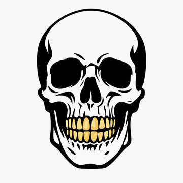 A stylized black and white vector illustration of a human skull featuring gold teeth. A bold and edgy design suitable for tattoos, t-shirt prints, or horror-themed projects.