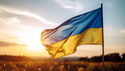 Stunning golden hour sunlight illuminates a vibrant Ukrainian flag waving proudly over a sunlit rural field