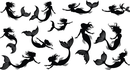 Mermaid silhouette collection featuring flowing hair, elegant fins, dynamic underwater poses, detailed tails and fantasy sea elements for creative artwork, illustrations, and design projects
