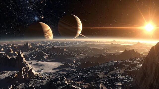 Majestic Planetary Landscape With Two Ringed Worlds Under a Golden Sunlight Sky and Rocky Terrain in Distance Cosmic Grandeur