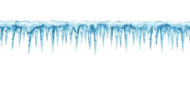 horizontal row of crystalline vector icicles in icy blue and cyan hues, sharp tips, smooth gradients, isolated on a transparent background, ideal for a festive winter border design concept