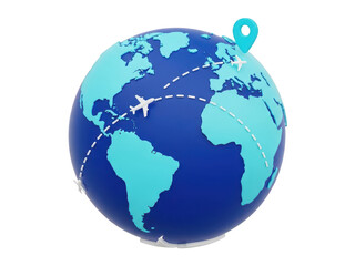 Naklejka premium 3d cartoon globe with travel routes, airplanes, and map pin, isolated on transparent background