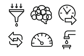 Decision Pressure Icons. Decision Stress Mechanisms linear set: pressure funnel, overloaded thoughts cloud, tight-timing dial, urgency arrow, conflict symbol, clarity drain meter.