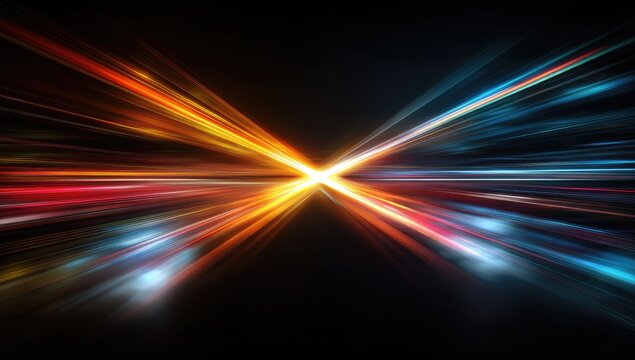 Abstract image showing converging orange and blue light beams on black background, creating a central glow
