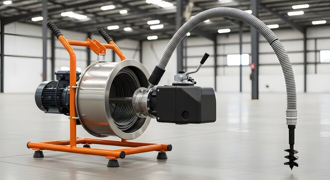 Heavy Duty Industrial Sewer Cleaning Machine with Auger Tool in Empty Warehouse isolated PNG with Transparent Background