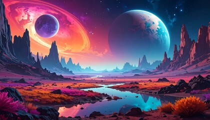 Dreamlike alien landscape with vibrant colors, planets, and a winding river reflecting the celestial display