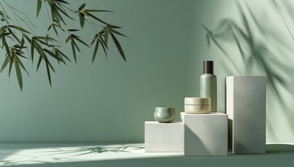 Serene spa scene with skincare products on textured platforms against a pale green backdrop