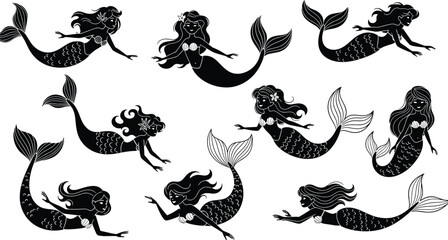 Playful mermaid silhouettes in swimming poses, elegant fantasy sea characters with flowing hair, vector illustration ideal for creative designs, crafts, and artwork