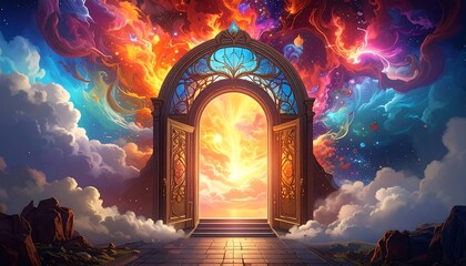 Ornate arched doorway opens onto vibrant, surreal sunset skies amid swirling clouds