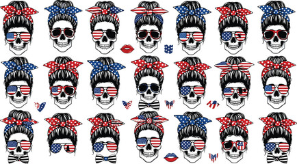 Patriotic skull illustrations featuring sunglasses and hair bows with American flag patterns, Fourth of July themed designs, retro USA celebration artwork set
