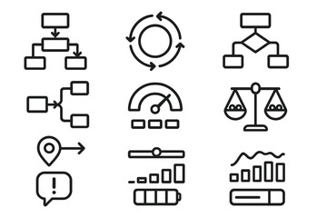 Dynamic Workflow Icons. Responsive Work Systems linear set: workflow map, adaptive cycle ring, conditional step icon, scenario branch, performance dial, workload balance scale,
