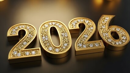 Luxurious golden 2026 numbers with sparkling diamonds on a dark reflective surface
