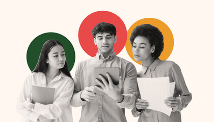 Three young professionals discuss ideas while examining a tablet. The diverse group is engaged in a...