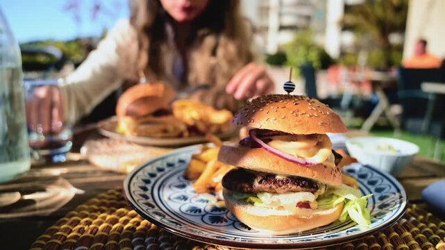 Gourmet burger served on a patterned plate in bright daylight, with blurred restaurant terrace in the background