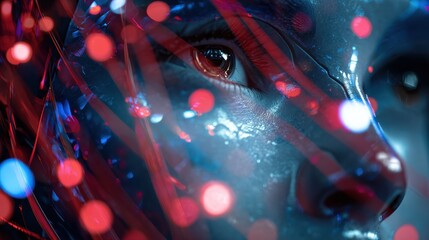 a closeup abstract digital artwork featuring a futuristic robotic head with red accents surrounded by glowing red and blue light streaks and bokeh effects s
