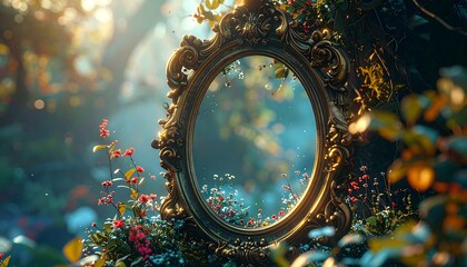 Ornate oval mirror amid lush foliage, reflecting soft light. Dreamy and ethereal