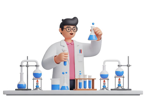 3d cartoon scientist chemist man doing chemical experiment isolated on transparent background