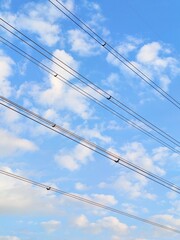 Fototapeta premium Blue sky with white clouds and high-voltage power lines for electricity transmission and nature background