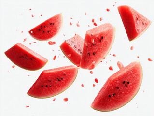 Fototapeta premium Assorted fresh watermelon slices and juicy droplets in dynamic motion against white.