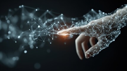hand interacts with digital network graph pointing to glowing node future tech global connection data flow modern innovation artificial intelligence metaverse concept abstract virtual reality