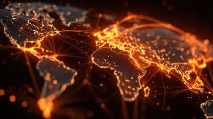 global digital communication and data transfer visualized by glowing orange network connections spanning continents on a detailed illuminated world map background