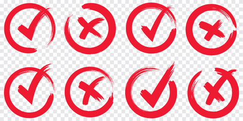 Check tick mark icon set. Cross box x check mark checkbox v list vector draw hand drawn sketch doodle brush marker checklist symbol wrong right circle. Vector © HIKE  Studio  1